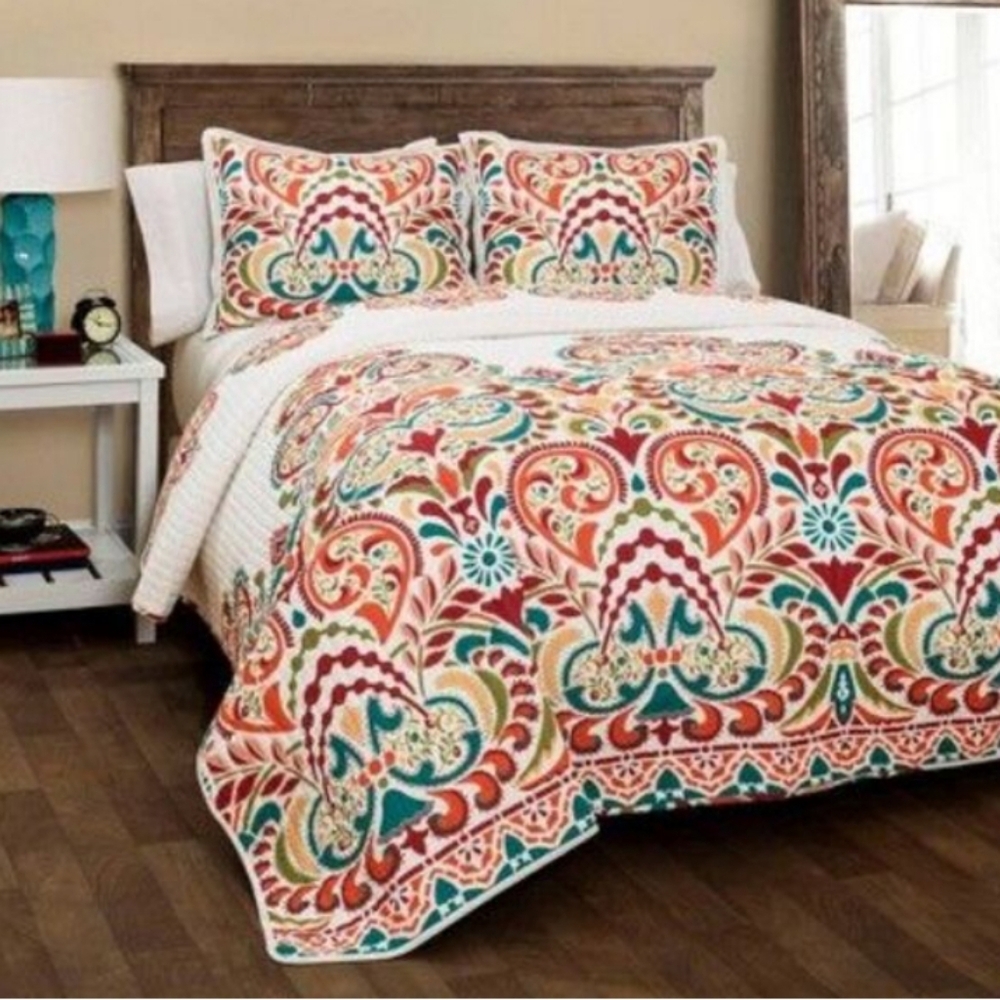 Lush Rustic Farmhouse Boho Colorful Pattern Reversible Quilt Set King
